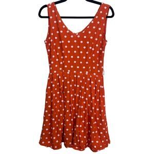 Rockabilly Vintage Orange White Polka Dot Pleated V Neck Dress Women’s Small Y2K